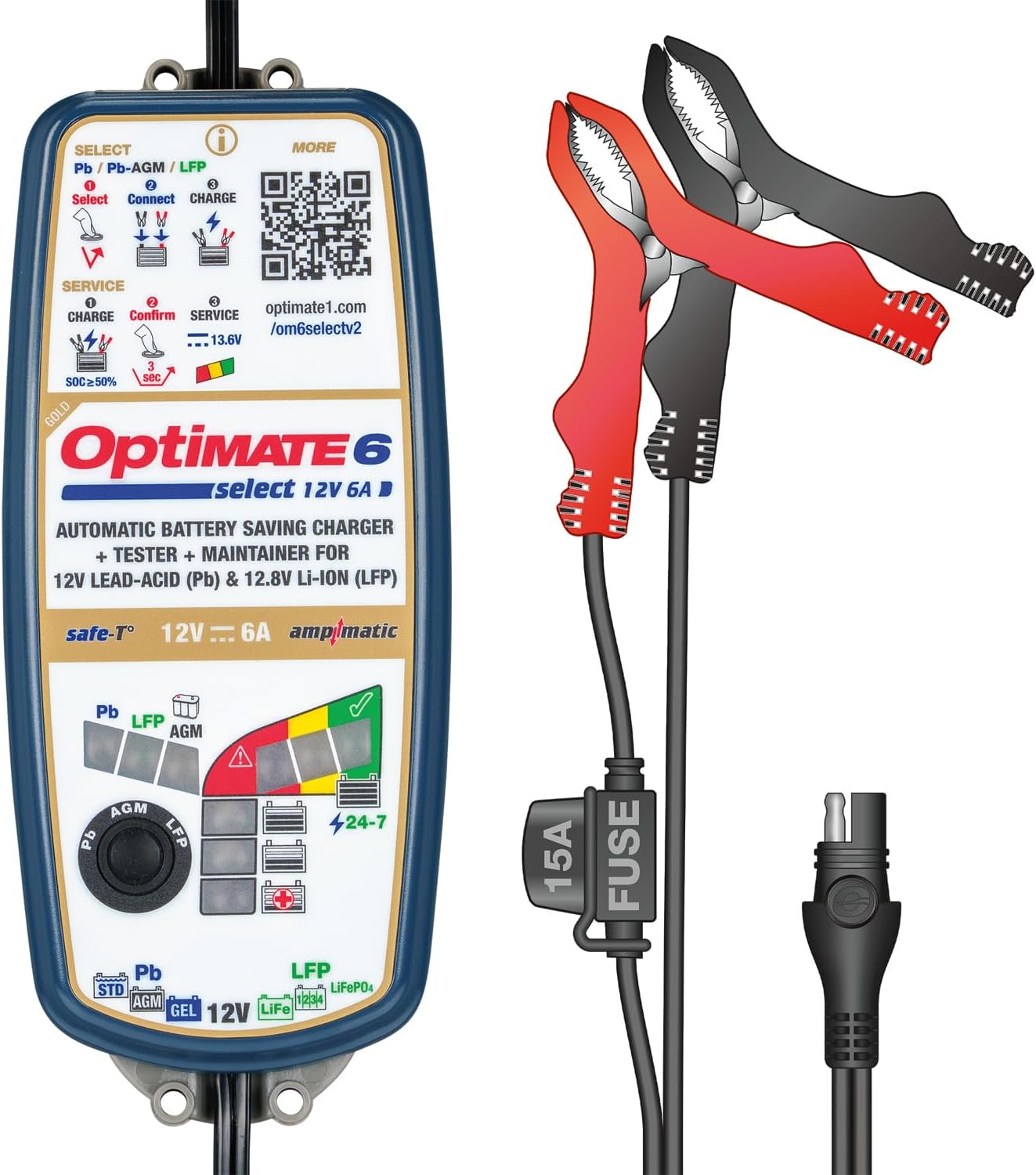 OptiMate6 Select v2 Gold Series: 6A 12V Automatic Battery Saving Charger, Tester & 24-7 Maintainer with Ampmatic & Temp Regulated smart Control & Lead-Acid, AGM & Lithium Battery Modes & Service Mode - TecMate USA