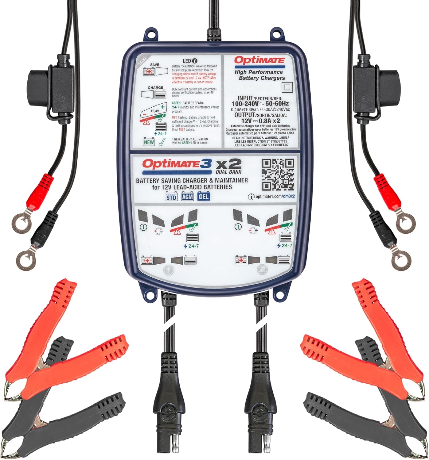 OptiMate3 0.8A x2 Bank, Smart Multi-Bank Battery Saving Charger for 12V Lead-acid Motorcycle and Powersport Batteries - TecMate USA