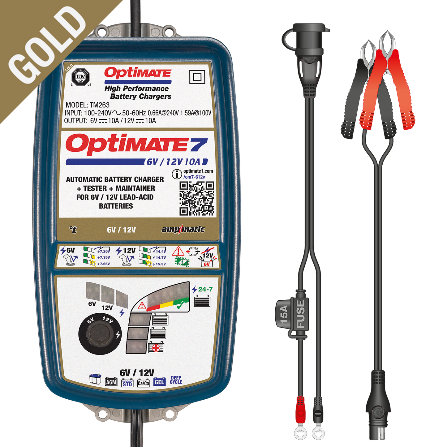 OptiMate7 Gold deep Cycle Series: 10A 6V / 12V Automatic Battery Saving Charger, Tester & 24-7 Maintainer with Ampmatic & Temp Regulated smart Control & Lead-Acid FLA, AGM, Ca-Ca Battery Modes - TecMate USA