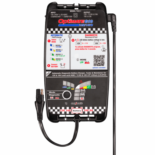 OptiMate G10 12V/16V, the Most Advanced 'Racing' Battery Charger for 12V & 16V AGM Lead-Acid and 12.8V/13.2V & 16V LFP Lithium-ion Batteries. - TecMate USA - View 2