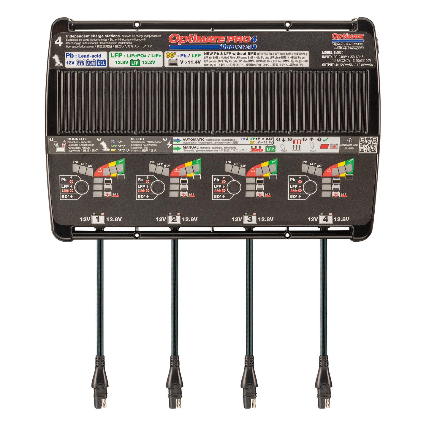 OptiMate PRO-4 DUO- 12V 5A automatic diagnostic battery charger for 4 x 12V Pb lead-acid (STD, AGM, GEL) and/or 12.8V LFP lithium - TecMate USA - View 2 - View 3 - View 4 - View 5