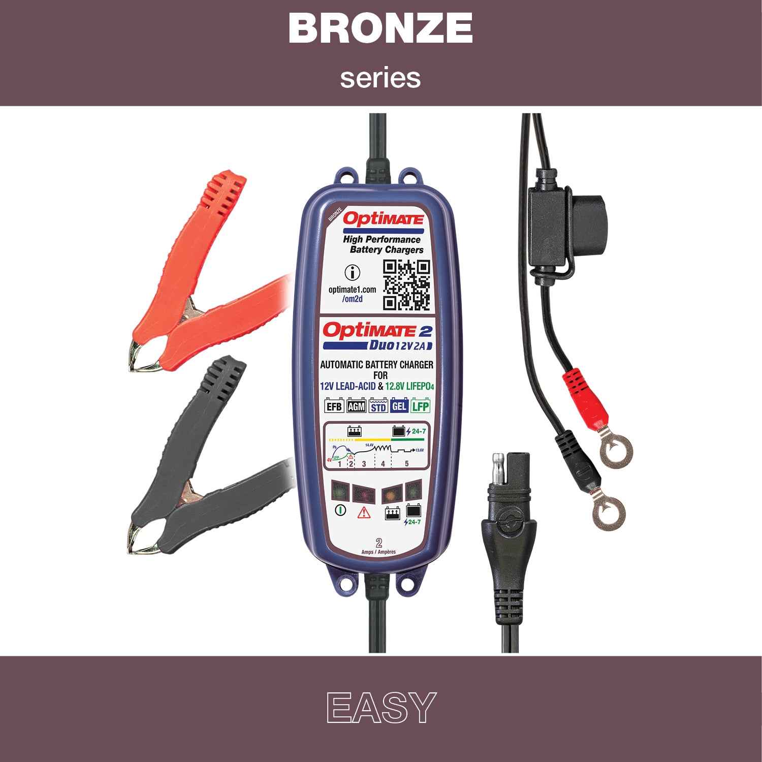 OptiMate 2 DUO : BRONZE series 12V 2A lead-acid & lithium battery