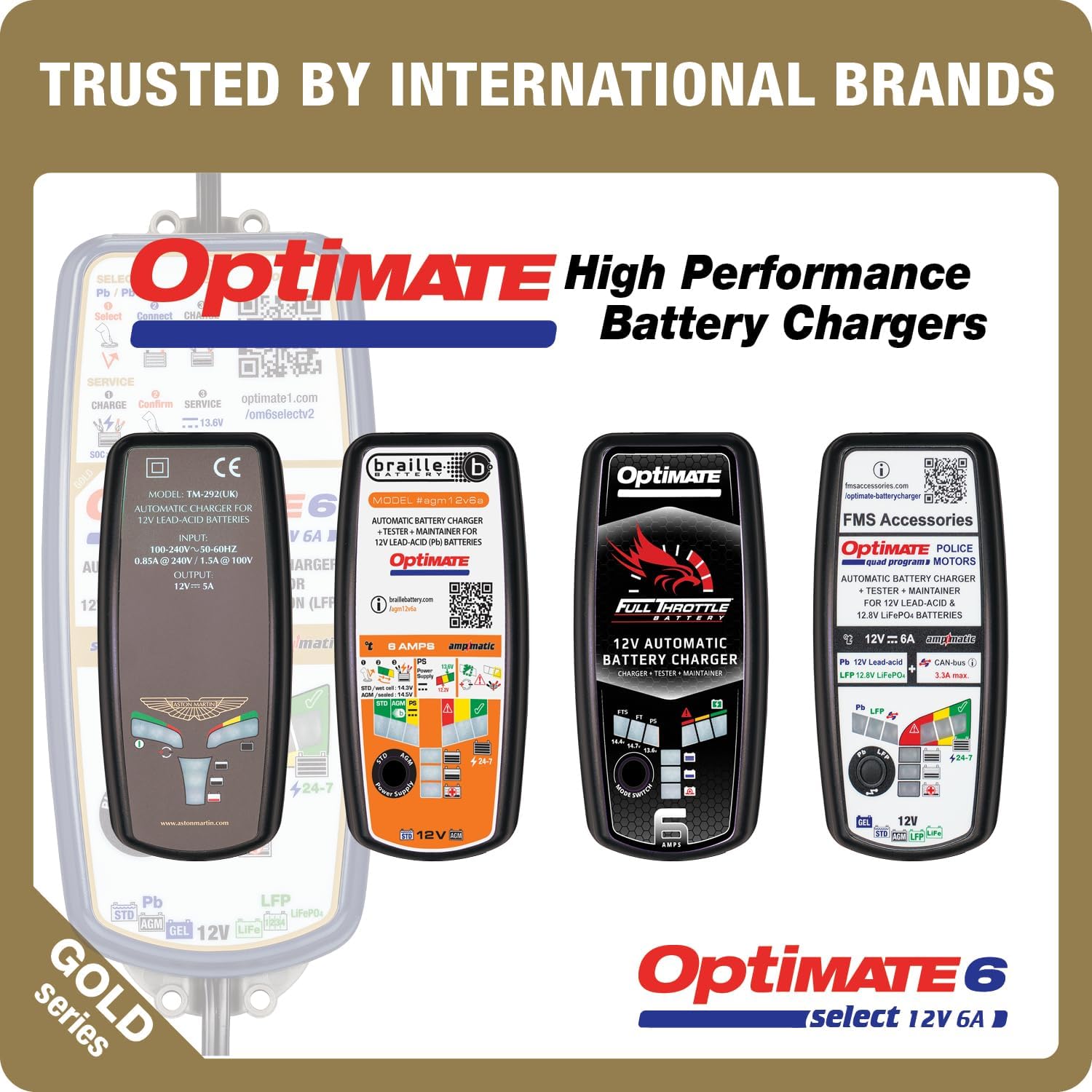 OptiMate6 Select v2 Gold Series: 6A 12V Automatic Battery Saving Charger, Tester & 24-7 Maintainer with Ampmatic & Temp Regulated smart Control & Lead-Acid, AGM & Lithium Battery Modes & Service Mode - TecMate USA - View 2 - View 3 - View 4 - View 5 - View 6 - View 7