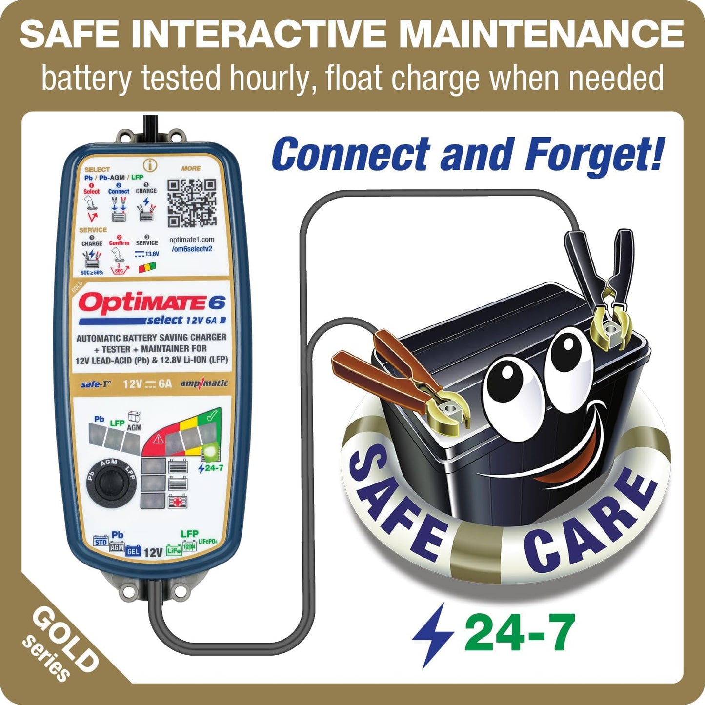 OptiMate6 Select v2 Gold Series: 6A 12V Automatic Battery Saving Charger, Tester & 24-7 Maintainer with Ampmatic & Temp Regulated smart Control & Lead-Acid, AGM & Lithium Battery Modes & Service Mode - TecMate USA - View 2 - View 3 - View 4 - View 5 - View 6
