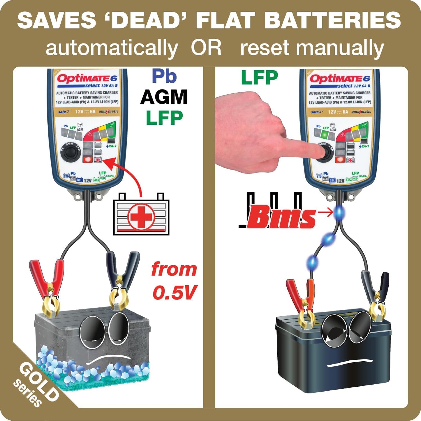 OptiMate6 Select v2 Gold Series: 6A 12V Automatic Battery Saving Charger, Tester & 24-7 Maintainer with Ampmatic & Temp Regulated smart Control & Lead-Acid, AGM & Lithium Battery Modes & Service Mode - TecMate USA - View 2 - View 3 - View 4 - View 5