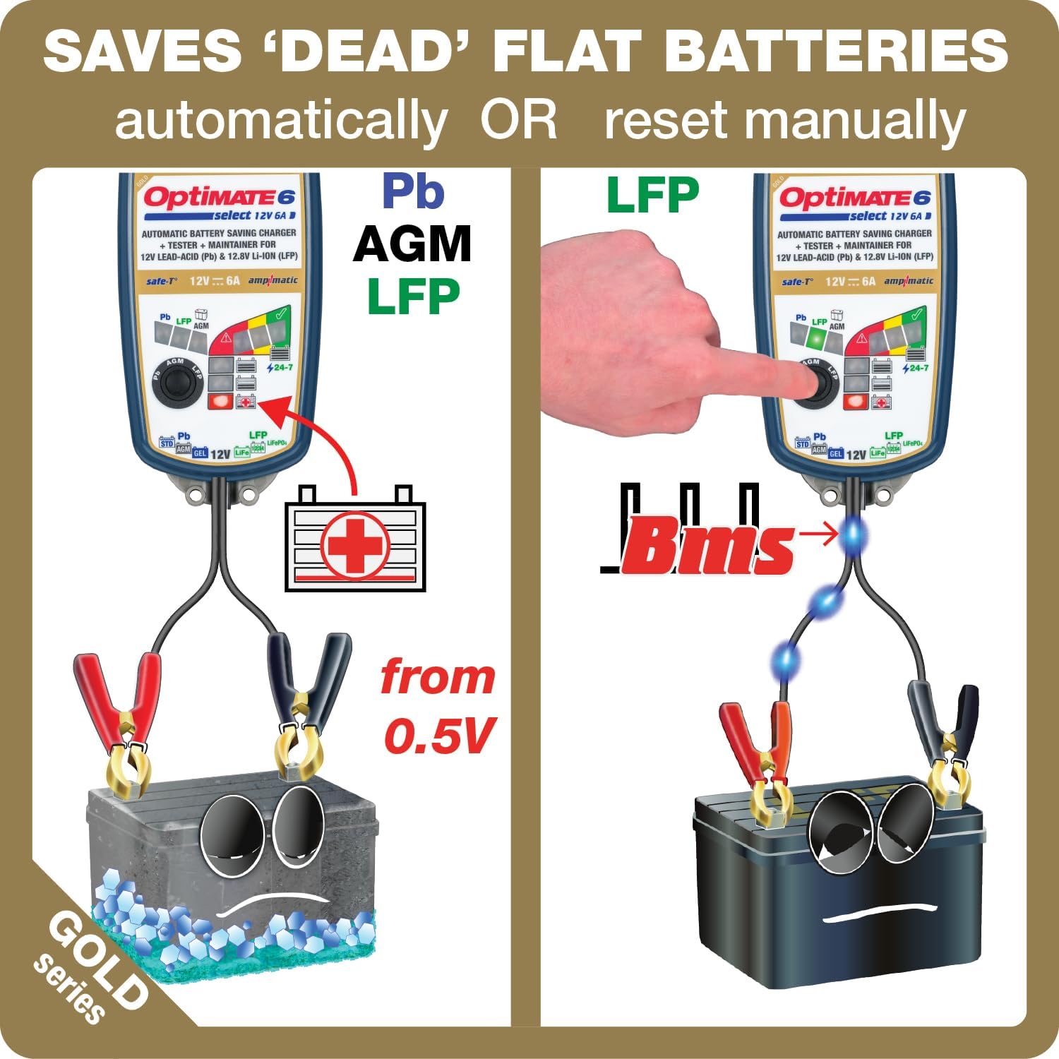 OptiMate6 Select v2 Gold Series: 6A 12V Automatic Battery Saving Charger, Tester & 24-7 Maintainer with Ampmatic & Temp Regulated smart Control & Lead-Acid, AGM & Lithium Battery Modes & Service Mode - TecMate USA - View 2 - View 3 - View 4 - View 5