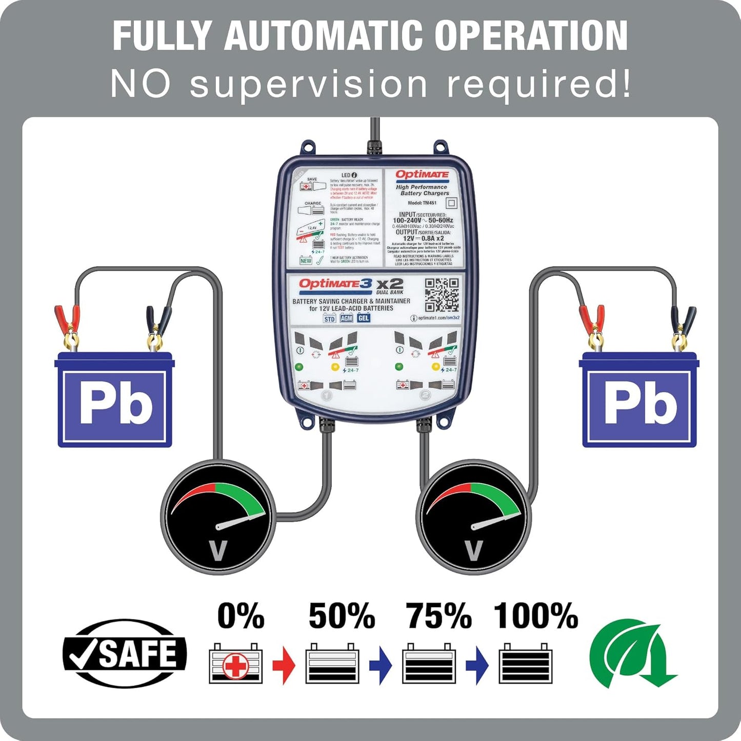 OptiMate3 0.8A x2 Bank, Smart Multi-Bank Battery Saving Charger for 12V Lead-acid Motorcycle and Powersport Batteries - TecMate USA - View 2 - View 3 - View 4