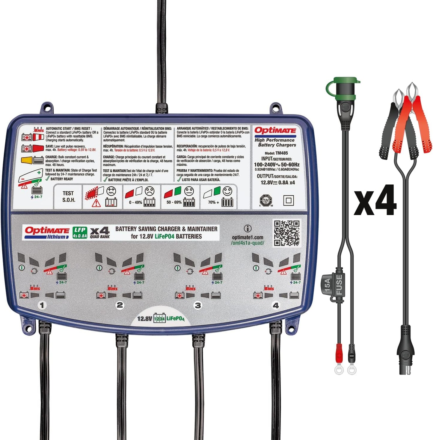 OptiMate Lithium 4s Quad Bank 0.8A, The Expert Battery Saving Charger for 12.8/13.2V Lithium Motorcycle and Powersport Batteries - TecMate USA