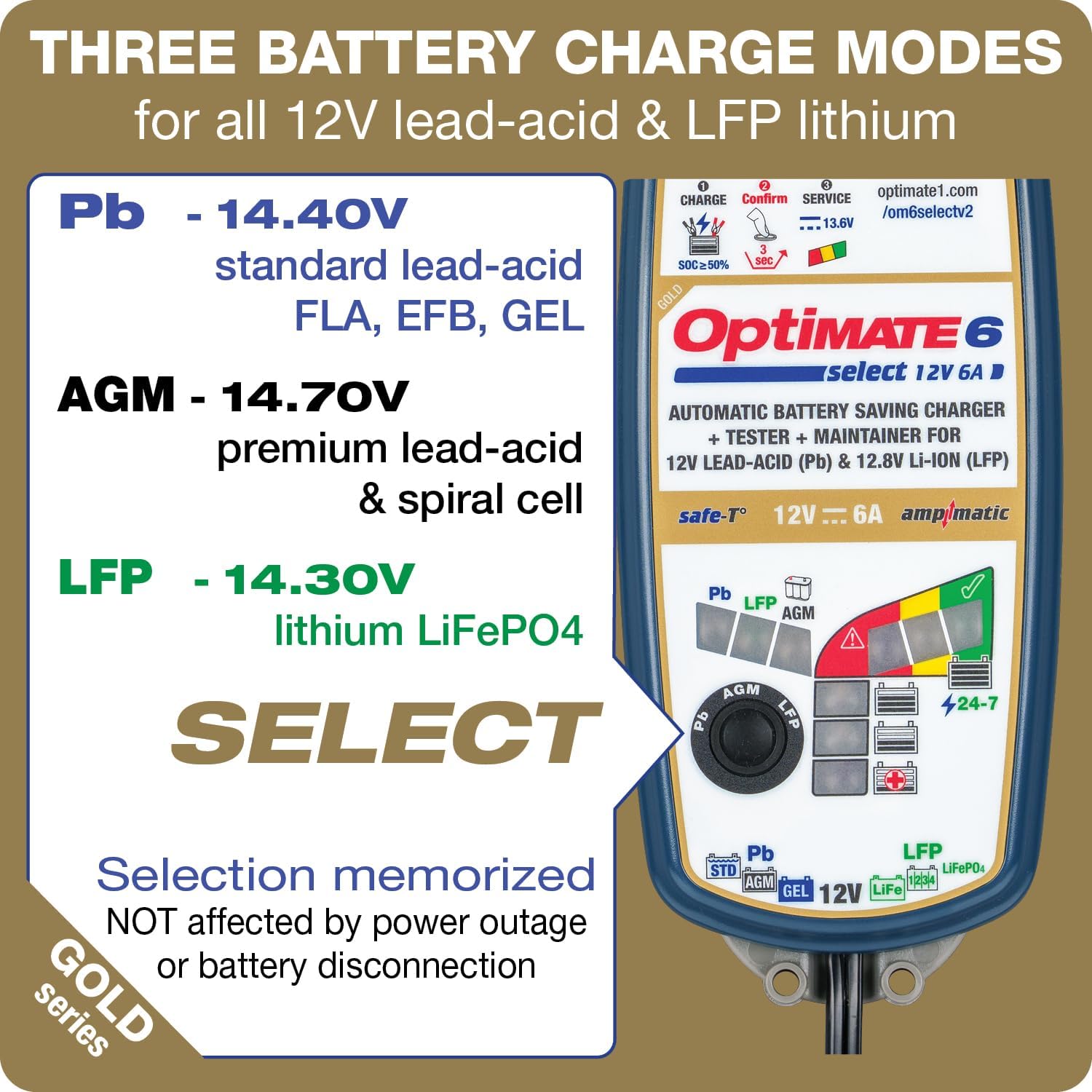 OptiMate6 Select v2 Gold Series: 6A 12V Automatic Battery Saving Charger, Tester & 24-7 Maintainer with Ampmatic & Temp Regulated smart Control & Lead-Acid, AGM & Lithium Battery Modes & Service Mode - TecMate USA - View 2