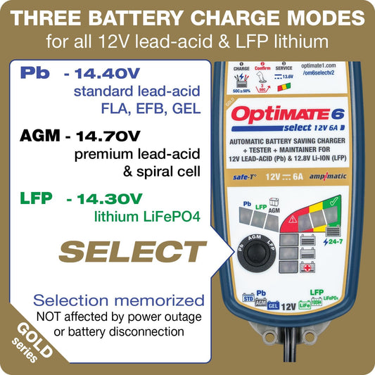 OptiMate6 Select v2 Gold Series: 6A 12V Automatic Battery Saving Charger, Tester & 24-7 Maintainer with Ampmatic & Temp Regulated smart Control & Lead-Acid, AGM & Lithium Battery Modes & Service Mode - TecMate USA - View 2