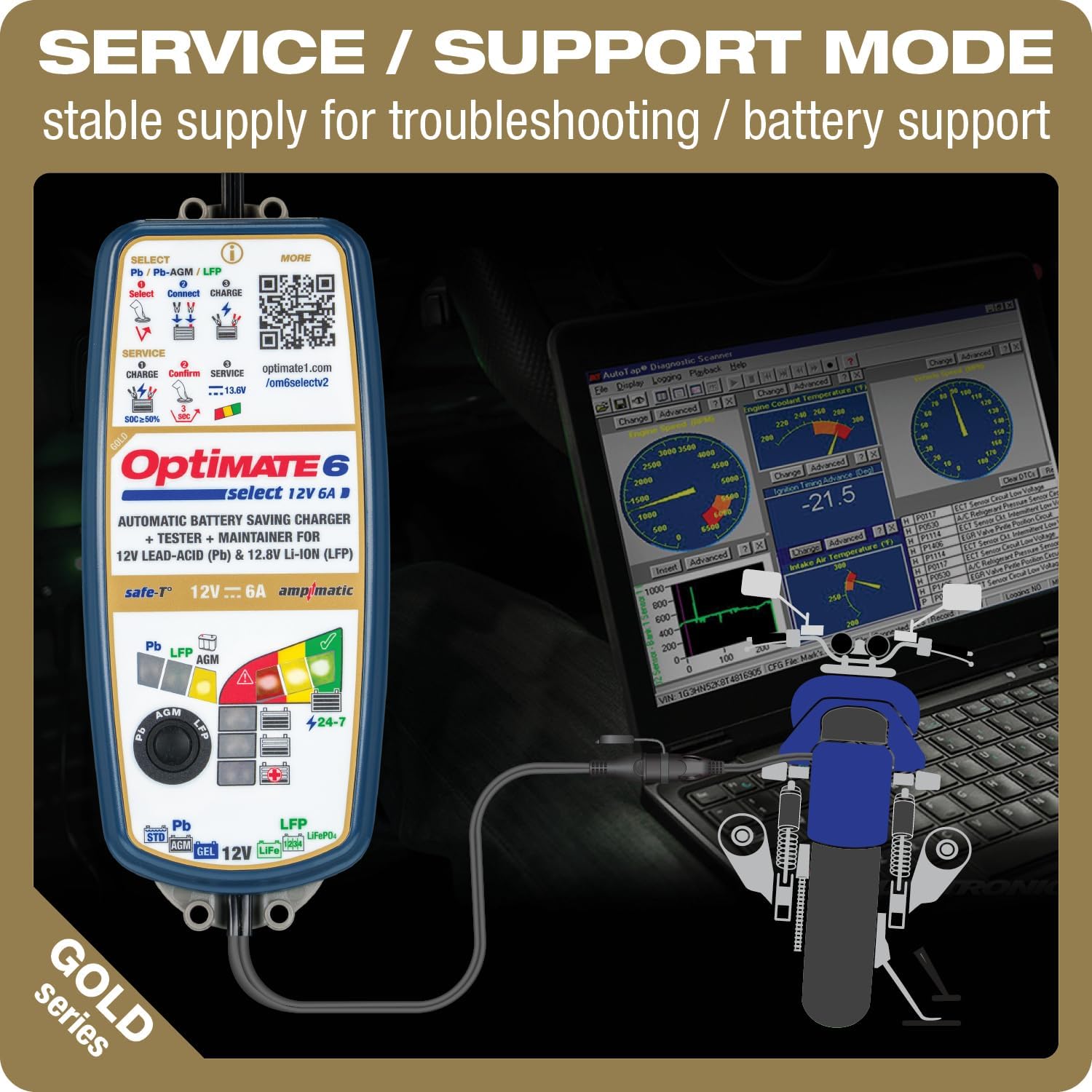 OptiMate6 Select v2 Gold Series: 6A 12V Automatic Battery Saving Charger, Tester & 24-7 Maintainer with Ampmatic & Temp Regulated smart Control & Lead-Acid, AGM & Lithium Battery Modes & Service Mode - TecMate USA - View 2 - View 3 - View 4