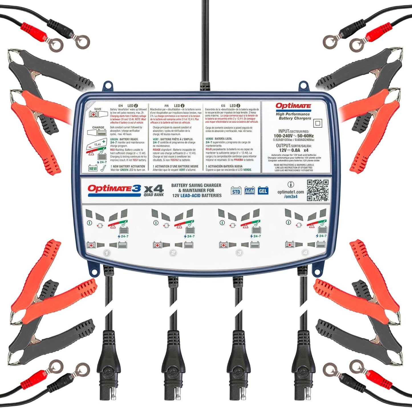 OptiMate3 0.8A x4 Bank, Smart Quad-Bank Battery Saving Charger for 12V Lead-acid Motorcycle and Powersport Batteries TM-455 - TecMate USA