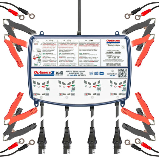 OptiMate3 0.8A x4 Bank, Smart Quad-Bank Battery Saving Charger for 12V Lead-acid Motorcycle and Powersport Batteries TM-455 - TecMate USA