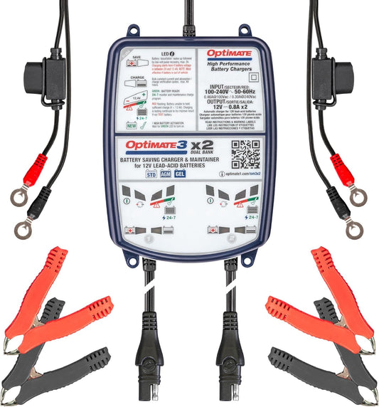 OptiMate3 0.8A x2 Bank, Smart Multi-Bank Battery Saving Charger for 12V Lead-acid Motorcycle and Powersport Batteries - TecMate USA
