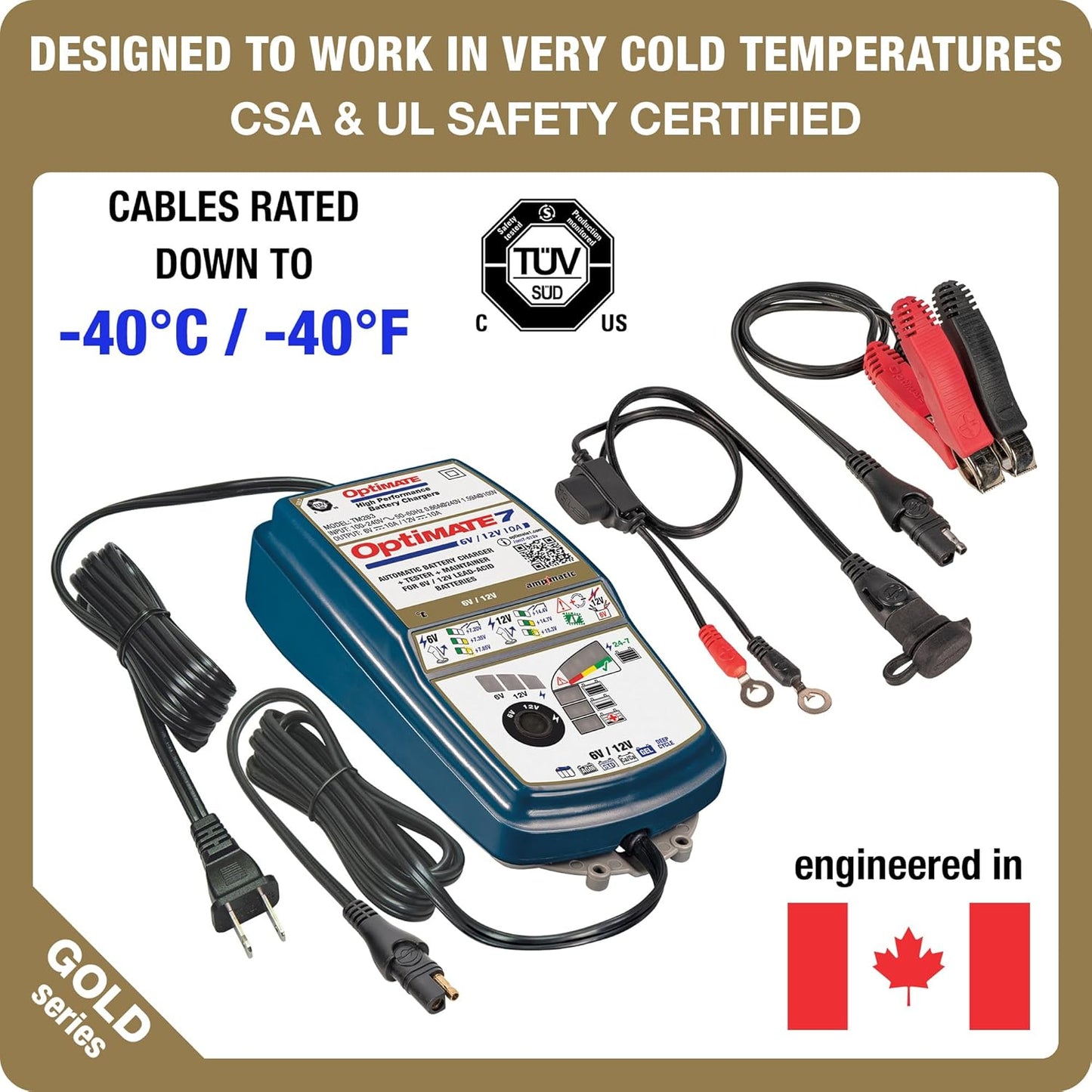 OptiMate7 Gold deep Cycle Series: 10A 6V / 12V Automatic Battery Saving Charger, Tester & 24-7 Maintainer with Ampmatic & Temp Regulated smart Control & Lead-Acid FLA, AGM, Ca-Ca Battery Modes - TecMate USA - View 2