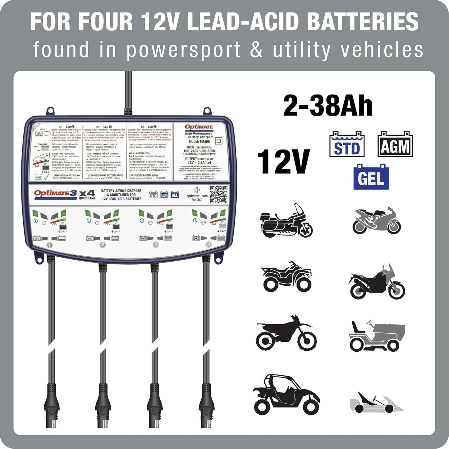 OptiMate3 0.8A x4 Bank, Smart Quad-Bank Battery Saving Charger for 12V Lead-acid Motorcycle and Powersport Batteries TM-455 - TecMate USA - View 2