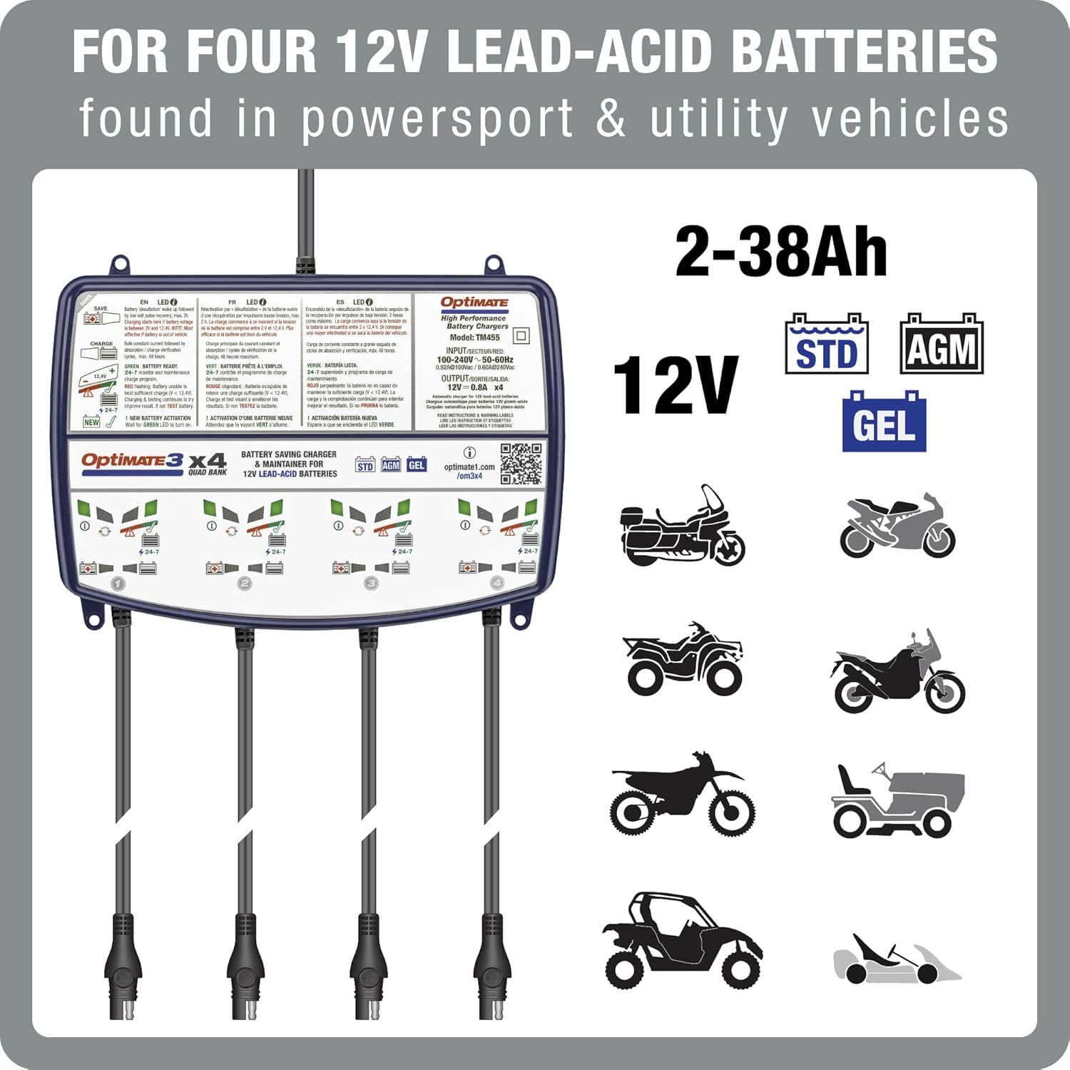 OptiMate3 0.8A x4 Bank, Smart Quad-Bank Battery Saving Charger for 12V Lead-acid Motorcycle and Powersport Batteries TM-455 - TecMate USA - View 2
