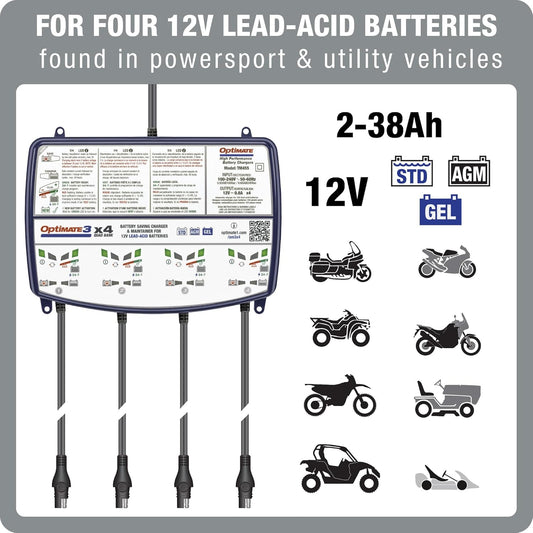 OptiMate3 0.8A x4 Bank, Smart Quad-Bank Battery Saving Charger for 12V Lead-acid Motorcycle and Powersport Batteries TM-455 - TecMate USA - View 2