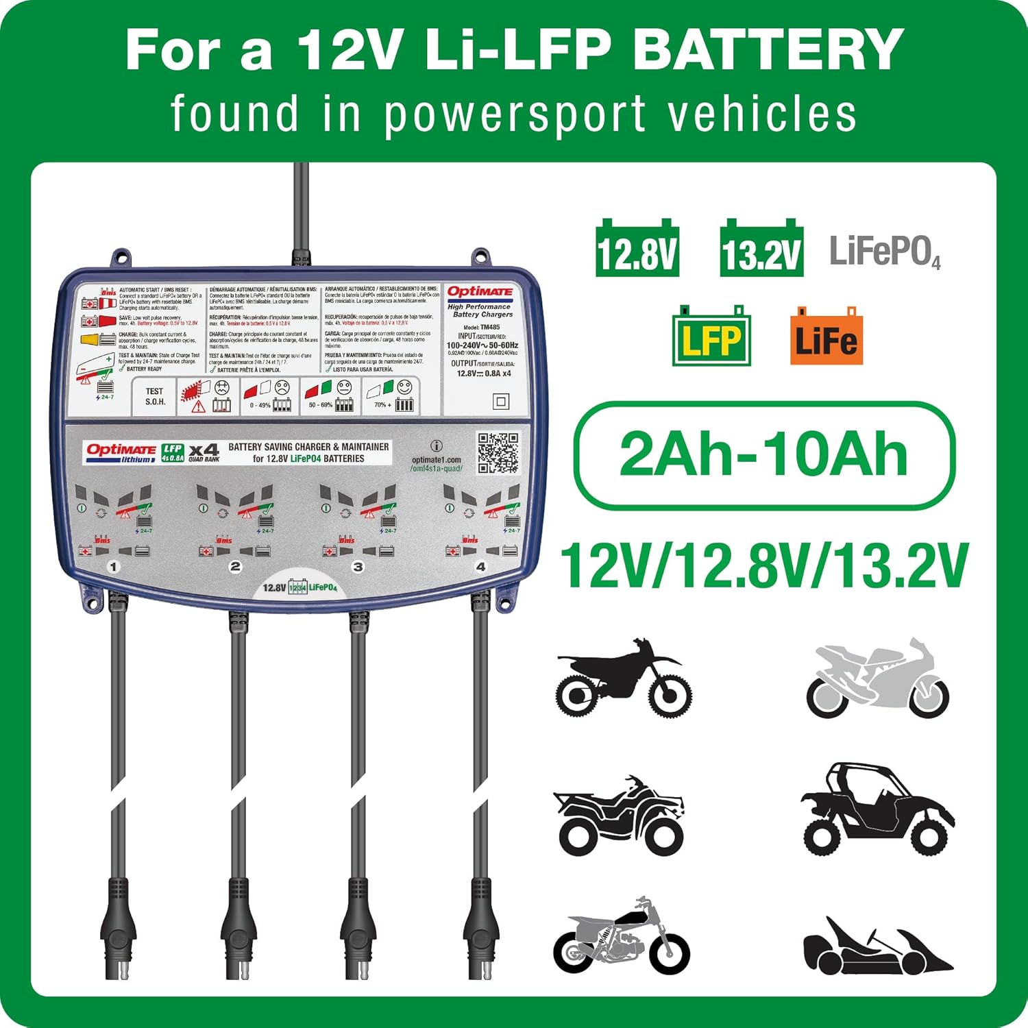 OptiMate Lithium 4s Quad Bank 0.8A, The Expert Battery Saving Charger for 12.8/13.2V Lithium Motorcycle and Powersport Batteries - TecMate USA - View 2 - View 3 - View 4
