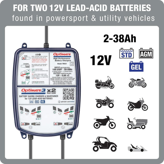 OptiMate3 0.8A x2 Bank, Smart Multi-Bank Battery Saving Charger for 12V Lead-acid Motorcycle and Powersport Batteries - TecMate USA - View 2