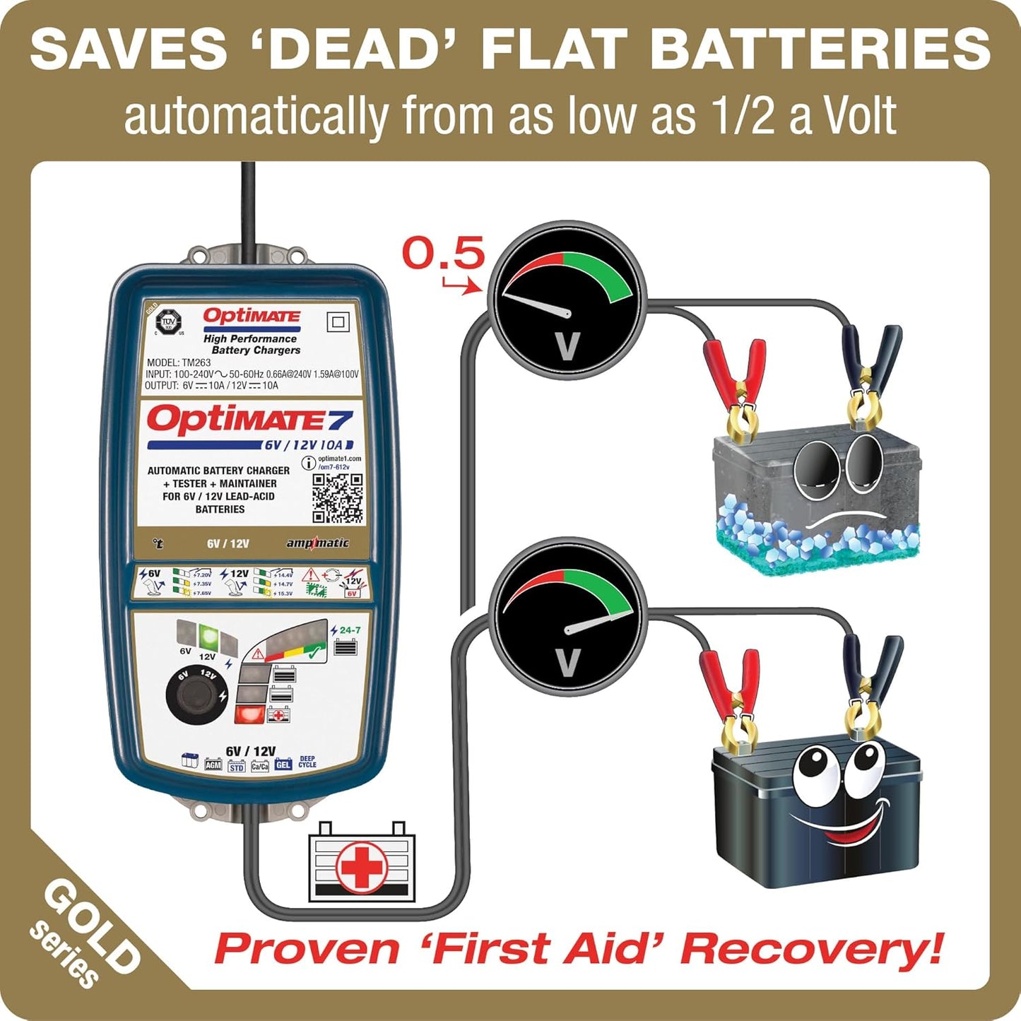 OptiMate7 Gold deep Cycle Series: 10A 6V / 12V Automatic Battery Saving Charger, Tester & 24-7 Maintainer with Ampmatic & Temp Regulated smart Control & Lead-Acid FLA, AGM, Ca-Ca Battery Modes - TecMate USA - View 2 - View 3 - View 4 - View 5 - View 6