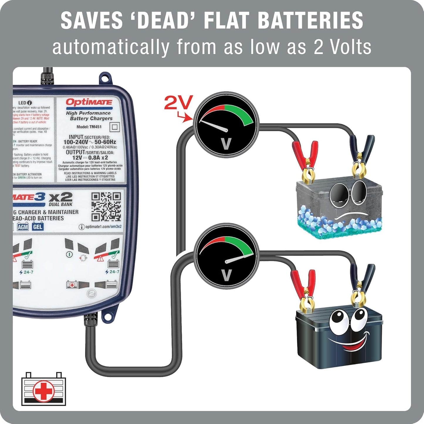 OptiMate3 0.8A x4 Bank, Smart Quad-Bank Battery Saving Charger for 12V Lead-acid Motorcycle and Powersport Batteries TM-455 - TecMate USA - View 2 - View 3