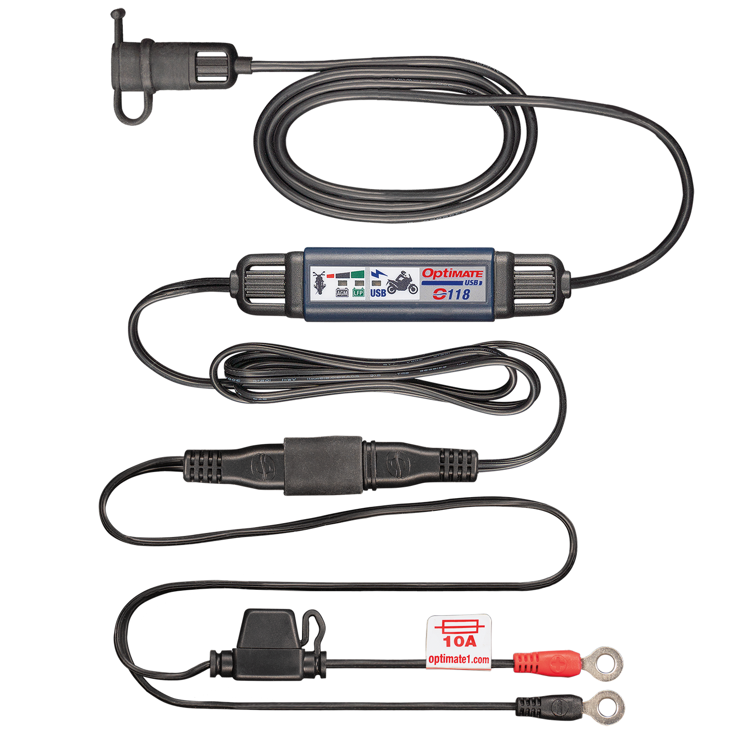 Optimate USB O-118, Smart in-line 3300mA Motorcycle USB-C Charger, with Standby Mode and Vehicle Battery Monitor - TecMate USA