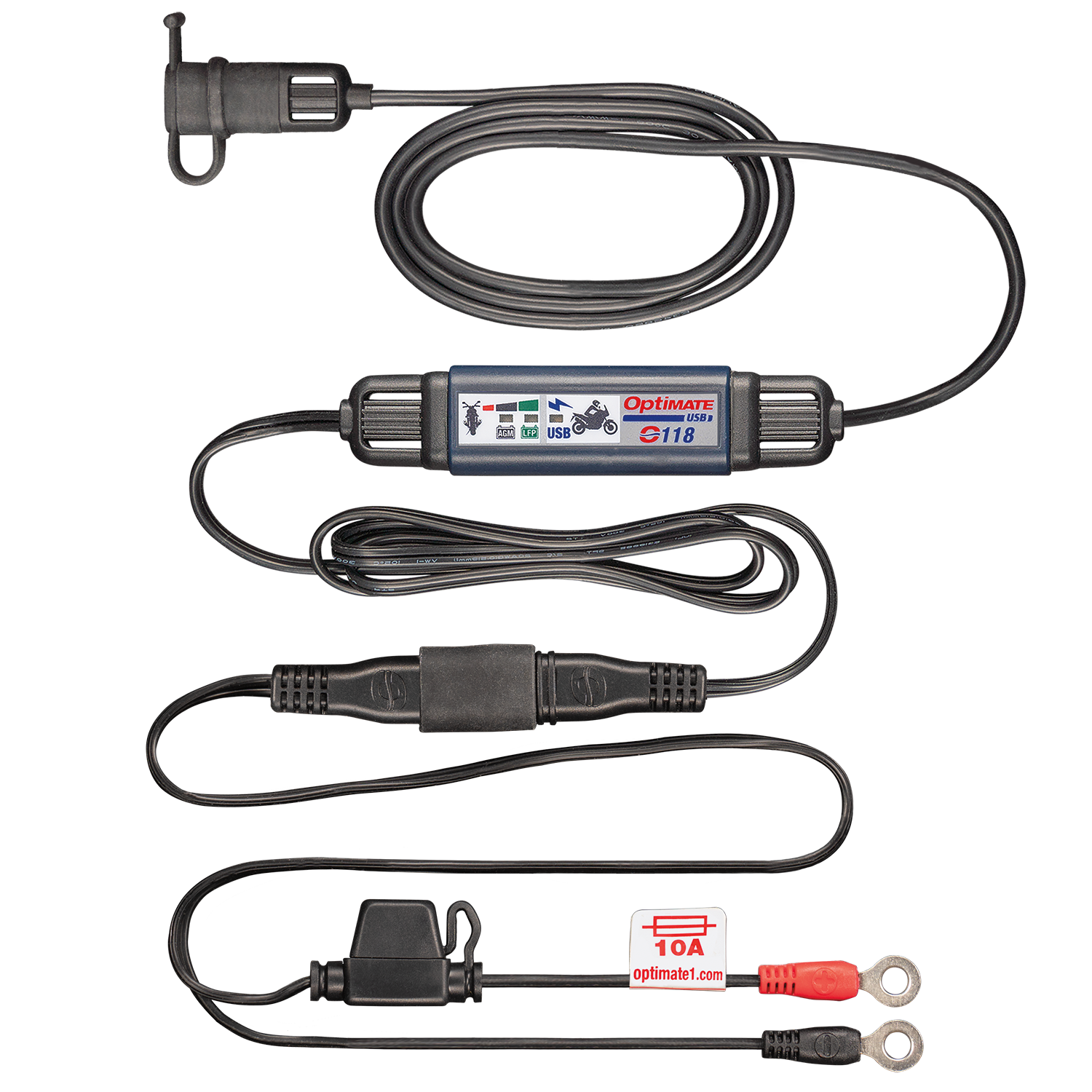 Optimate USB O-118, Smart in-line 3300mA Motorcycle USB-C Charger, with Standby Mode and Vehicle Battery Monitor - TecMate USA