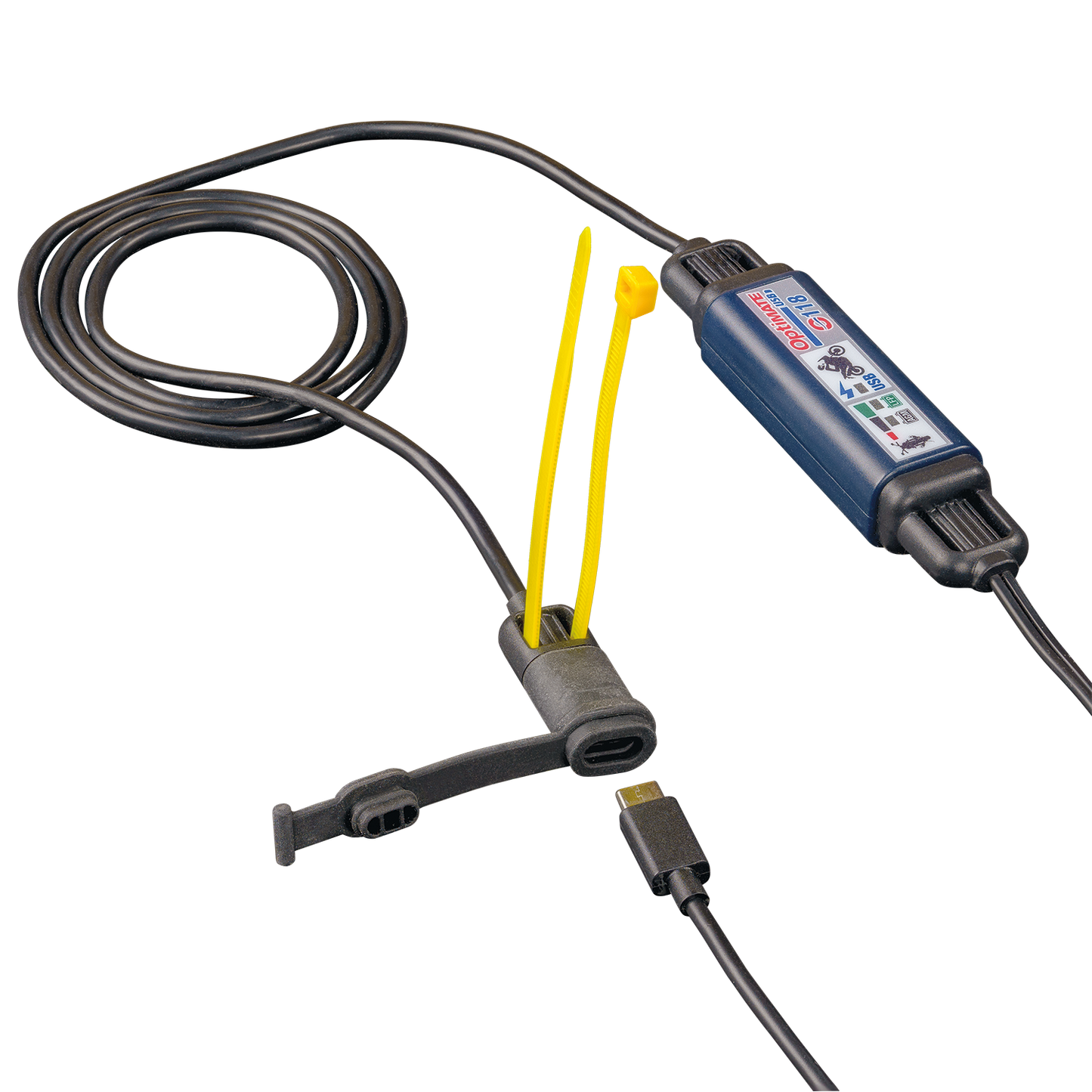 Optimate USB O-118, Smart in-line 3300mA Motorcycle USB-C Charger, with Standby Mode and Vehicle Battery Monitor - TecMate USA - View 2 - View 3 - View 4