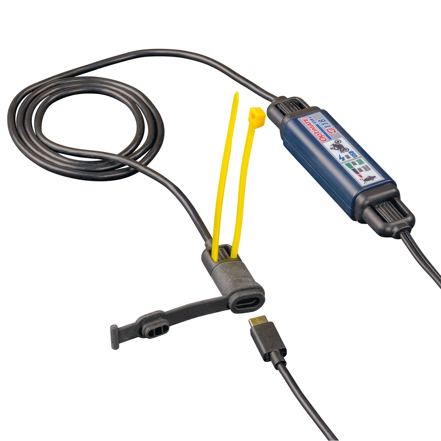 Optimate USB O-118, Smart in-line 3300mA Motorcycle USB-C Charger, with Standby Mode and Vehicle Battery Monitor - TecMate USA - View 2 - View 3 - View 4