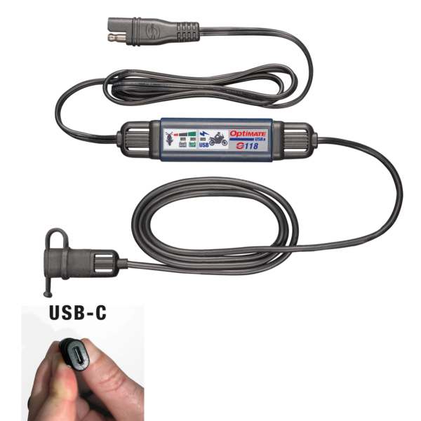 Optimate USB O-118, Smart in-line 3300mA Motorcycle USB-C Charger, with Standby Mode and Vehicle Battery Monitor - TecMate USA - View 2 - View 3