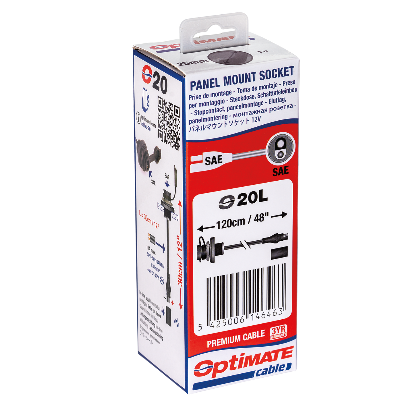 OptiMate CABLE O-20 Weatherproof SAE socket, front panel mount - TecMate USA - View 2 - View 3