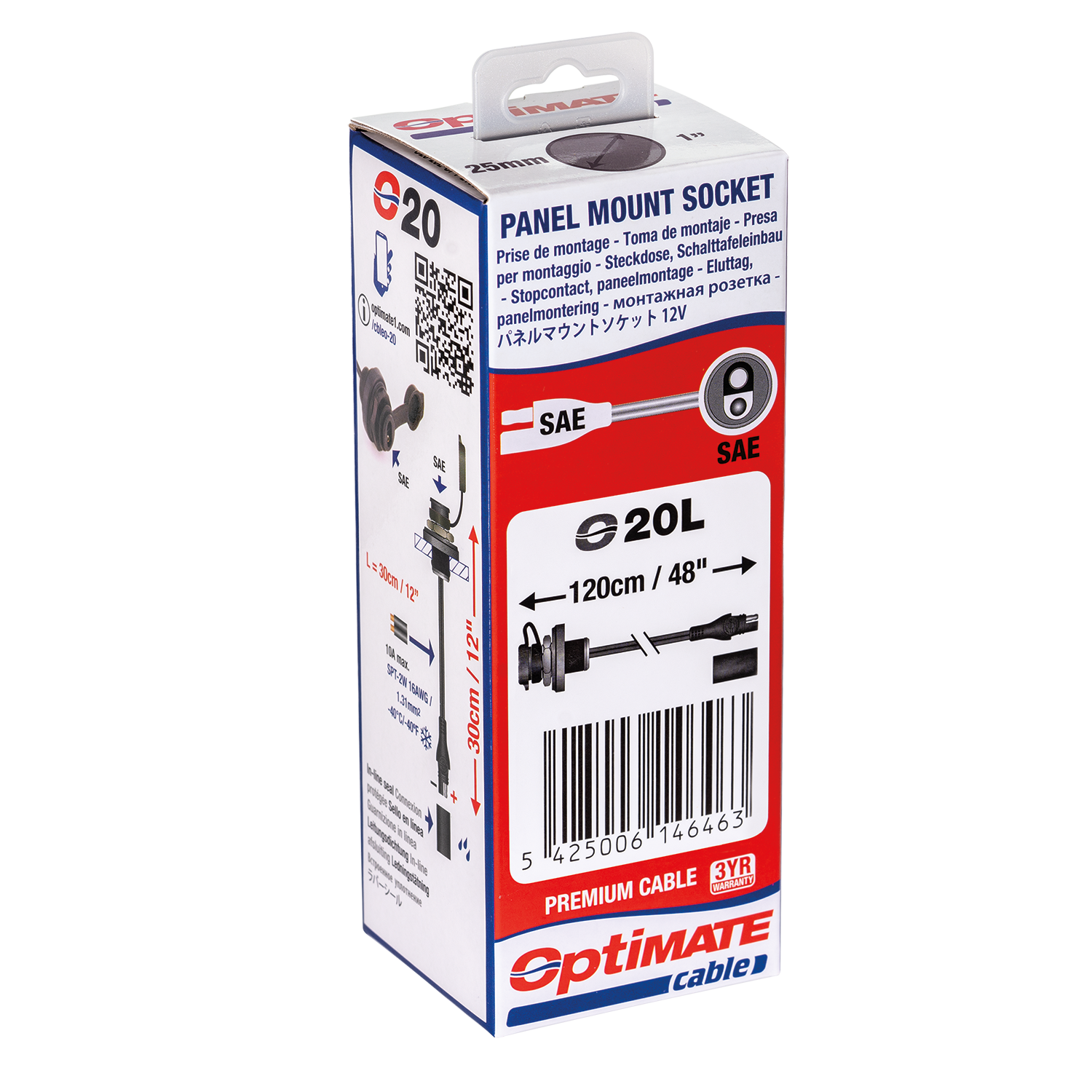 OptiMate CABLE O-20 Weatherproof SAE socket, front panel mount - TecMate USA - View 2 - View 3
