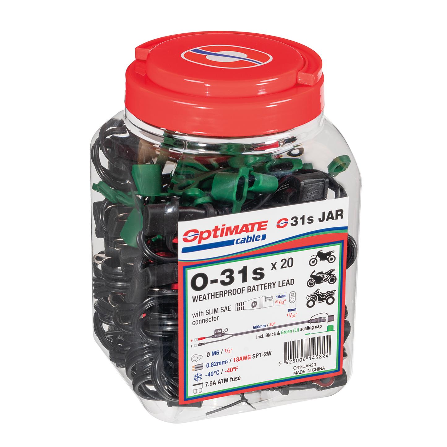 OptiMate O-31s x20 Slim SAE Heavy Duty Weatherproof Premium Battery Lead Bulk Pack (20-Count) with M6 Ringlets for Powersport Batteries - TecMate USA