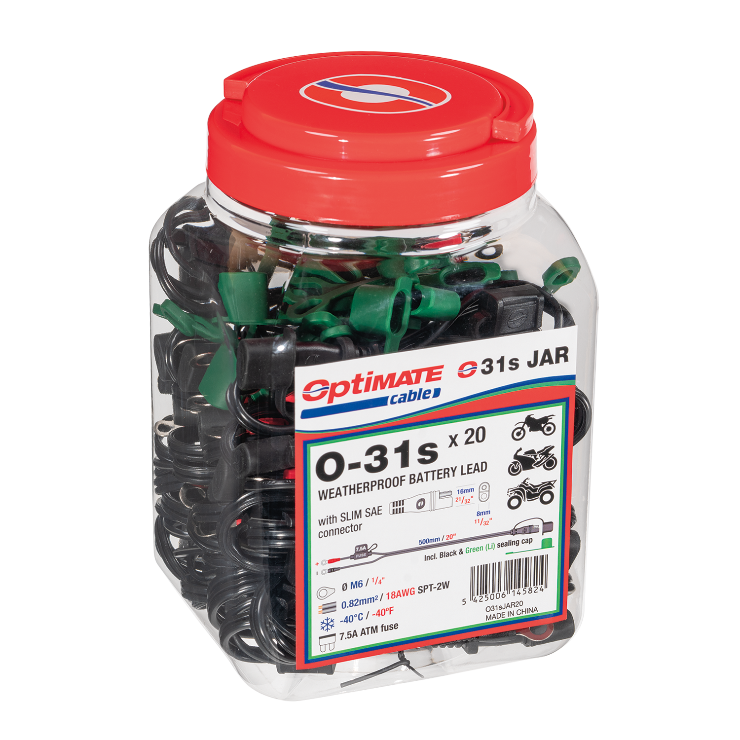 OptiMate O-31s x20 Slim SAE Heavy Duty Weatherproof Premium Battery Lead Bulk Pack (20-Count) with M6 Ringlets for Powersport Batteries - TecMate USA