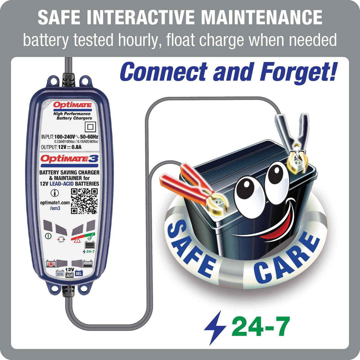 OptiMate 3 : SILVER series 12V 0.8A lead-acid motorcycle battery saver, charger, tester & maintainer