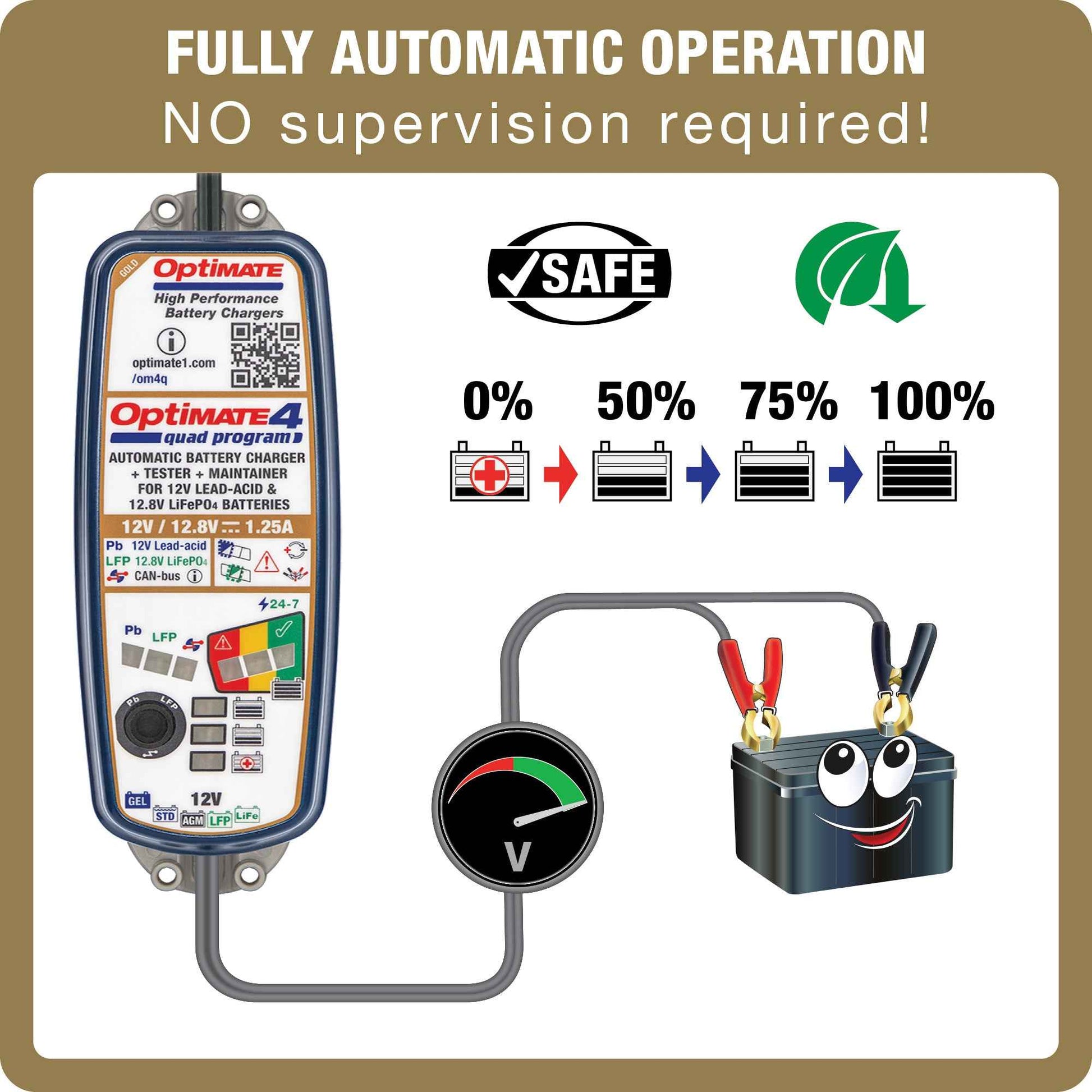 OptiMate 4 Quad Program: GOLD series 12V 1.25A lead-acid & lithium battery saving charger, tester & maintainer