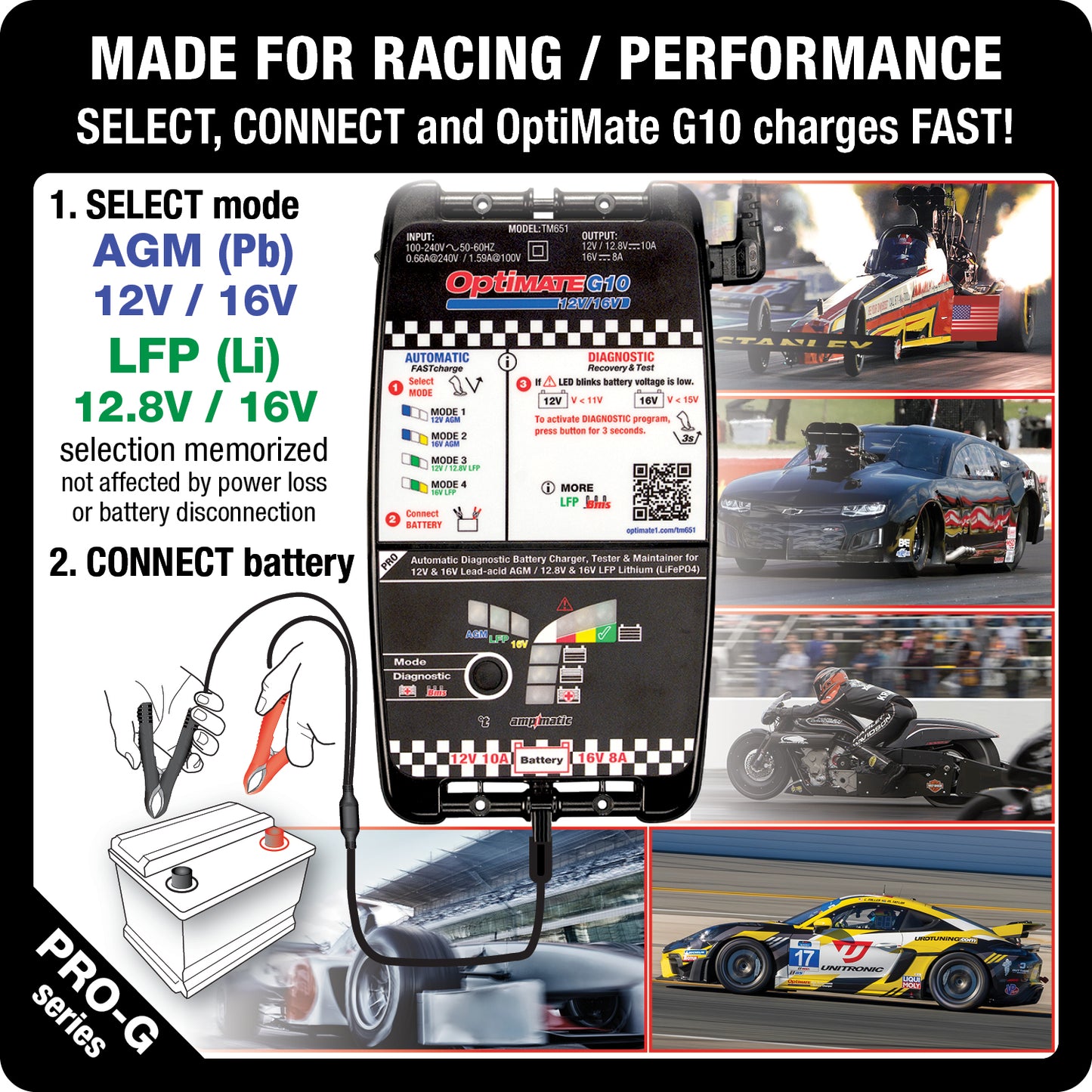 OptiMate G10 12V/16V, the Most Advanced 'Racing' Battery Charger for 12V & 16V AGM Lead-Acid and 12.8V/13.2V & 16V LFP Lithium-ion Batteries.