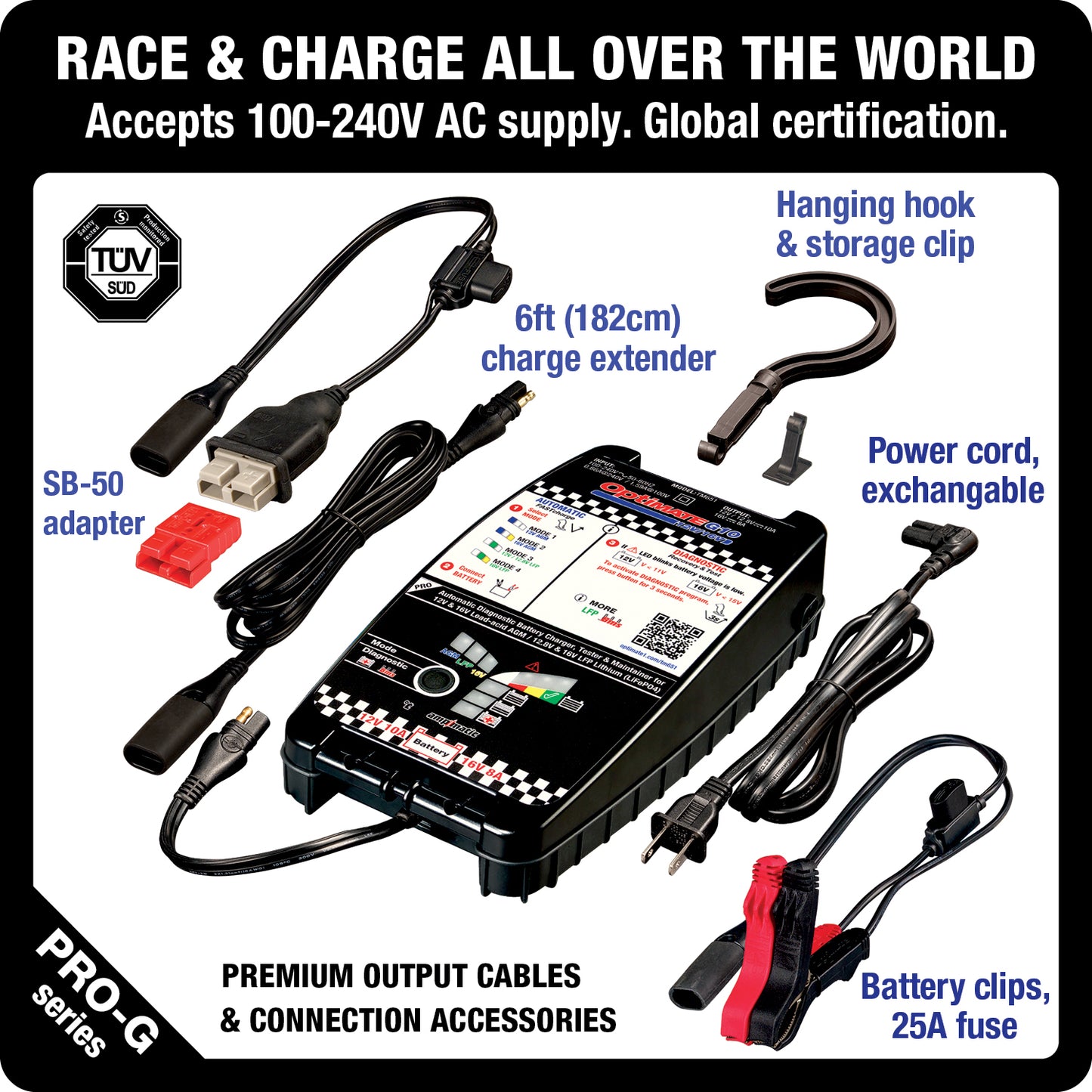 OptiMate G10 12V/16V, the Most Advanced 'Racing' Battery Charger for 12V & 16V AGM Lead-Acid and 12.8V/13.2V & 16V LFP Lithium-ion Batteries.