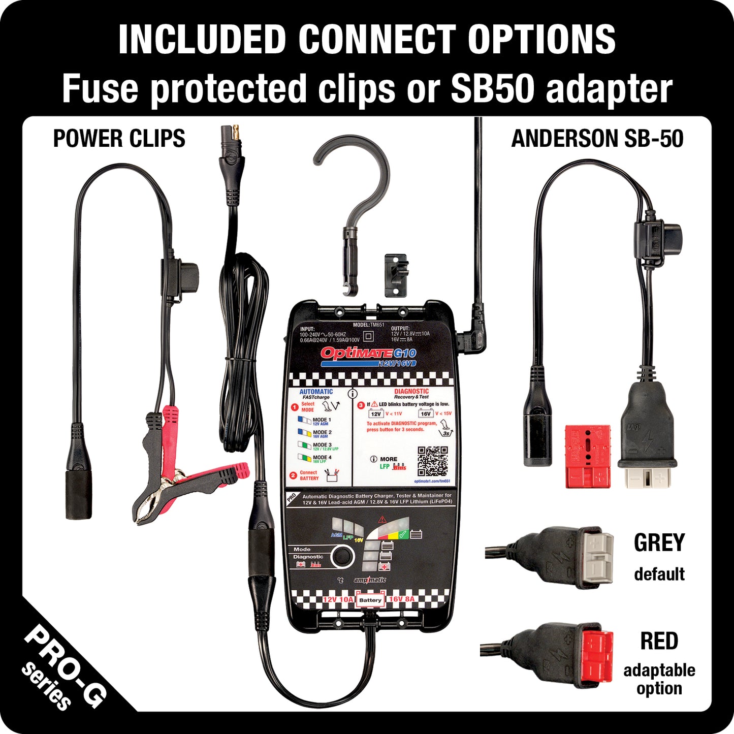 OptiMate G10 12V/16V, the Most Advanced 'Racing' Battery Charger for 12V & 16V AGM Lead-Acid and 12.8V/13.2V & 16V LFP Lithium-ion Batteries.