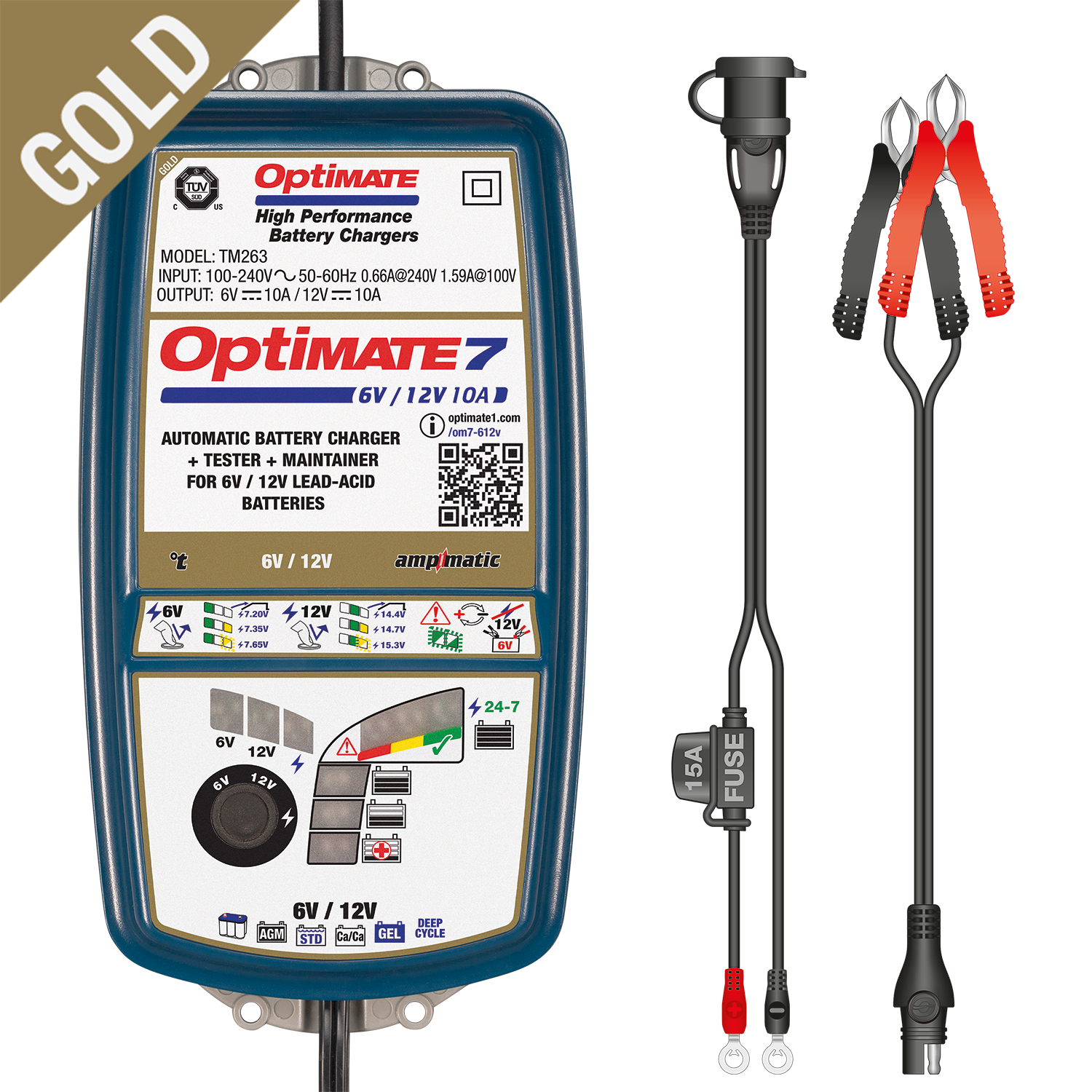 OptiMate7 Gold deep Cycle Series: 10A 6V / 12V Automatic Battery Saving Charger, Tester & 24-7 Maintainer with Ampmatic & Temp Regulated smart Control & Lead-Acid FLA, AGM, Ca-Ca Battery Modes - TecMate USA