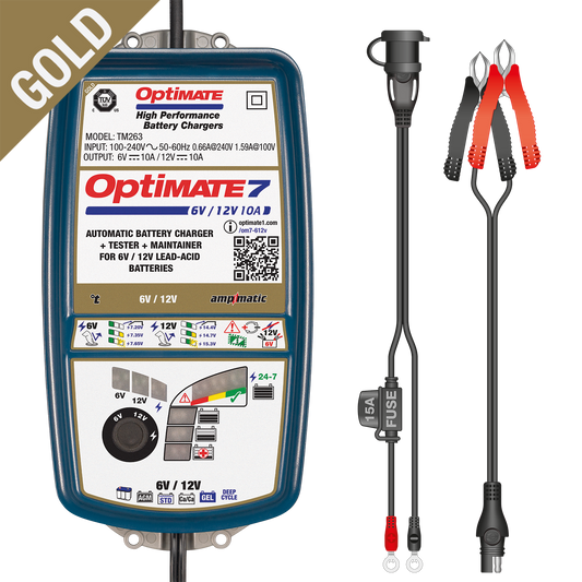 OptiMate7 Gold deep Cycle Series: 10A 6V / 12V Automatic Battery Saving Charger, Tester & 24-7 Maintainer with Ampmatic & Temp Regulated smart Control & Lead-Acid FLA, AGM, Ca-Ca Battery Modes - TecMate USA