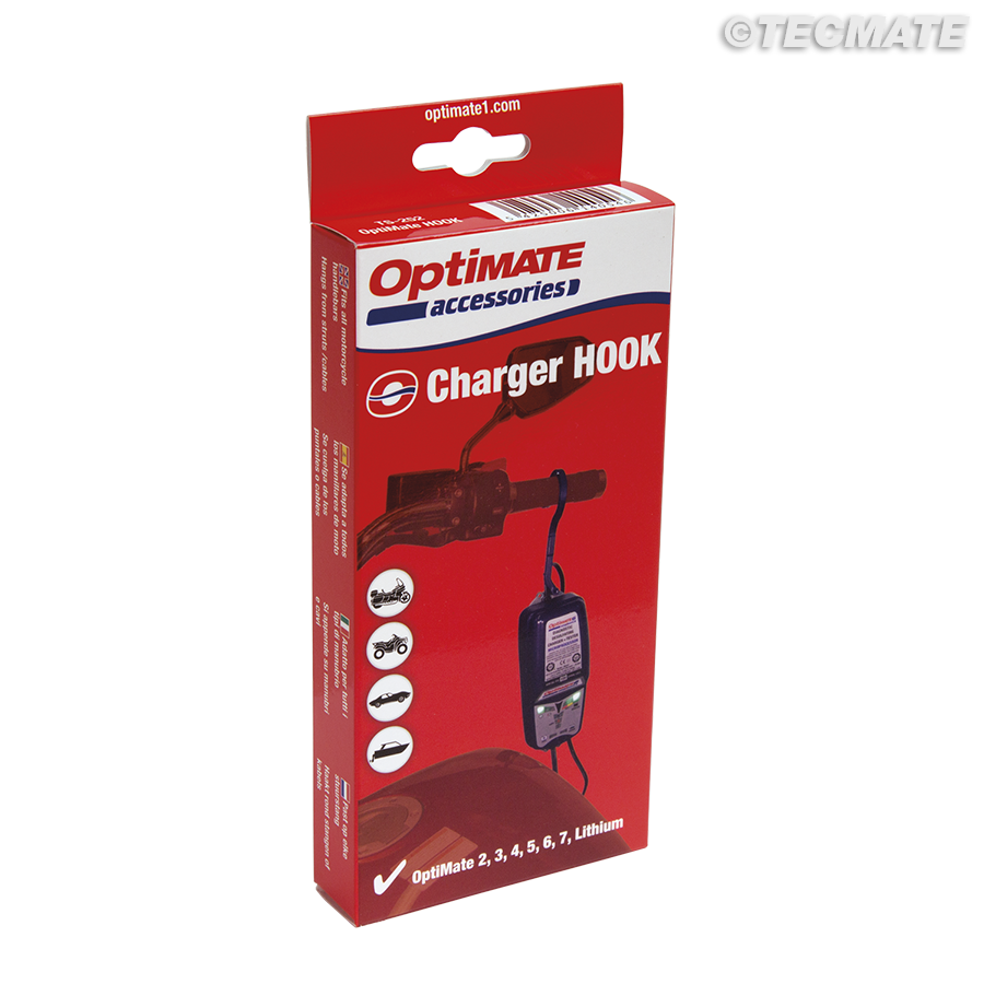 OptiMate TS-252 Heavy-Duty High-Temperature ABS Battery Charger Hanging Hook Mount for Motorcycle Handlebars, Frames, and Vehicle Struts - TecMate USA - View 2 - View 3 - View 4