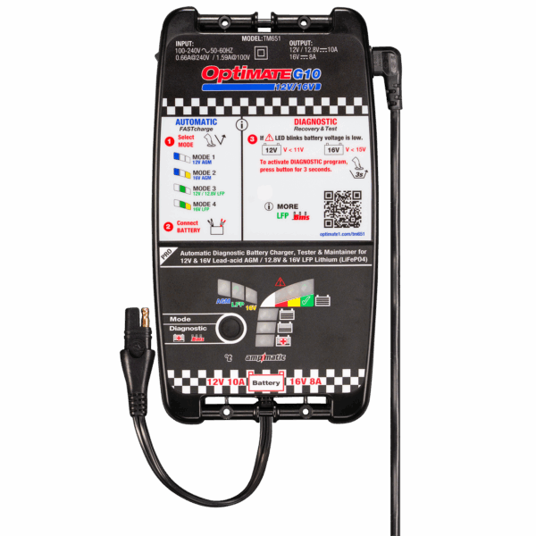 OptiMate G10 12V/16V, the Most Advanced 'Racing' Battery Charger for 12V & 16V AGM Lead-Acid and 12.8V/13.2V & 16V LFP Lithium-ion Batteries. - TecMate USA - View 2