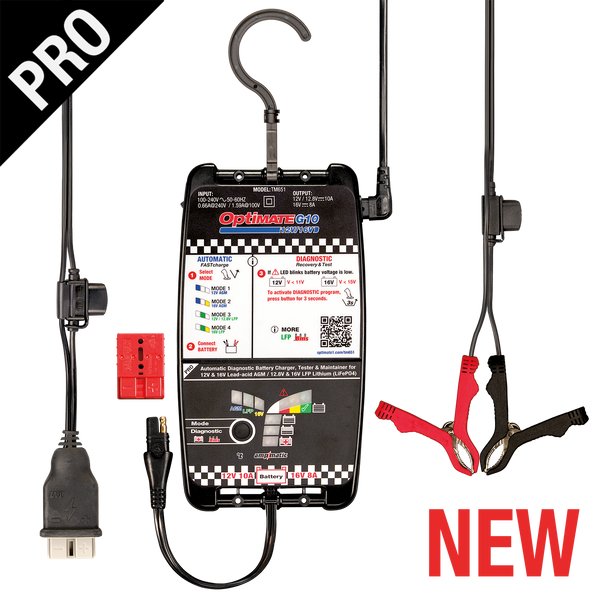 OptiMate G10 12V/16V, the Most Advanced 'Racing' Battery Charger for 12V & 16V AGM Lead-Acid and 12.8V/13.2V & 16V LFP Lithium-ion Batteries. - TecMate USA