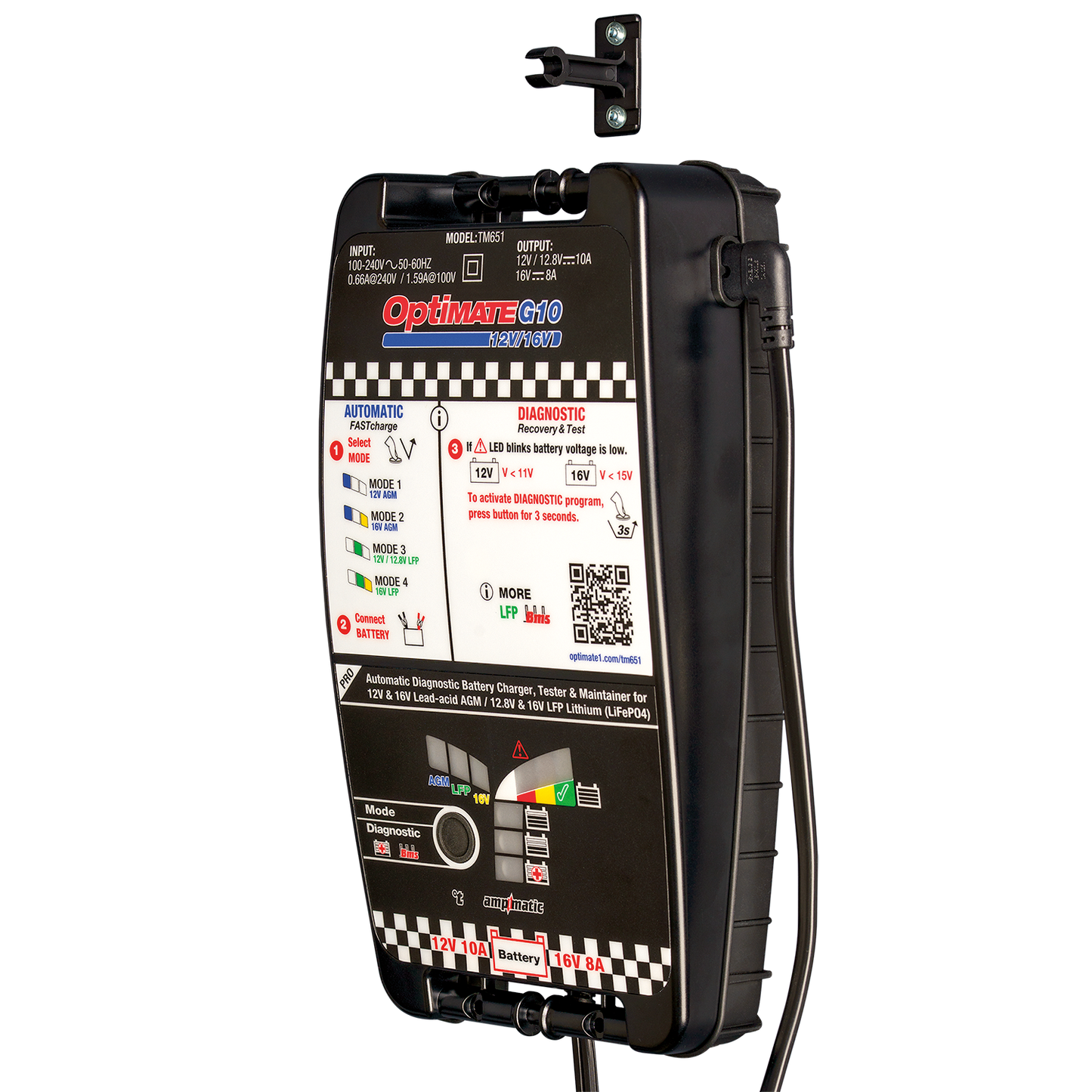 OptiMate G10 12V/16V, the Most Advanced 'Racing' Battery Charger for 12V & 16V AGM Lead-Acid and 12.8V/13.2V & 16V LFP Lithium-ion Batteries. - TecMate USA - View 2 - View 3