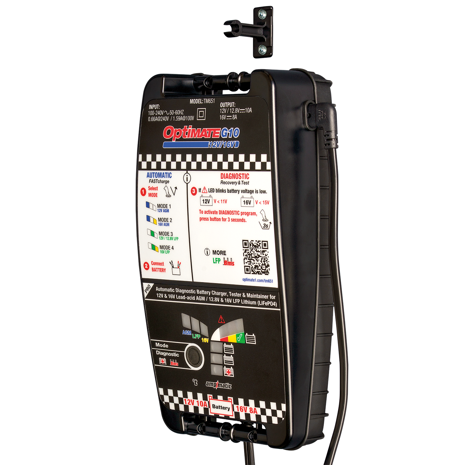OptiMate G10 12V/16V, the Most Advanced 'Racing' Battery Charger for 12V & 16V AGM Lead-Acid and 12.8V/13.2V & 16V LFP Lithium-ion Batteries. - TecMate USA - View 2 - View 3