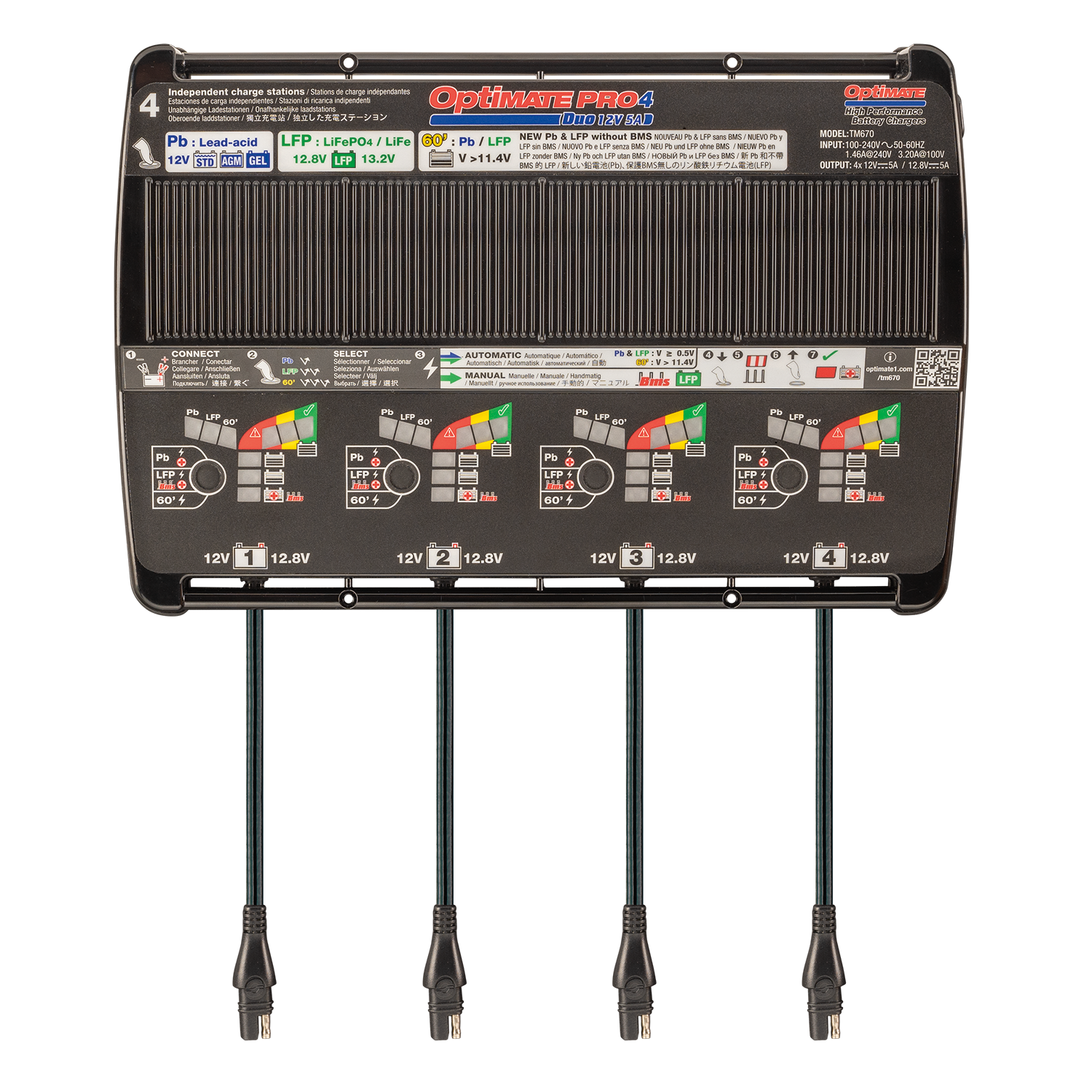 OptiMate PRO-4 DUO- 12V 5A automatic diagnostic battery charger for 4 x 12V Pb lead-acid (STD, AGM, GEL) and/or 12.8V LFP lithium - TecMate USA - View 2 - View 3 - View 4 - View 5