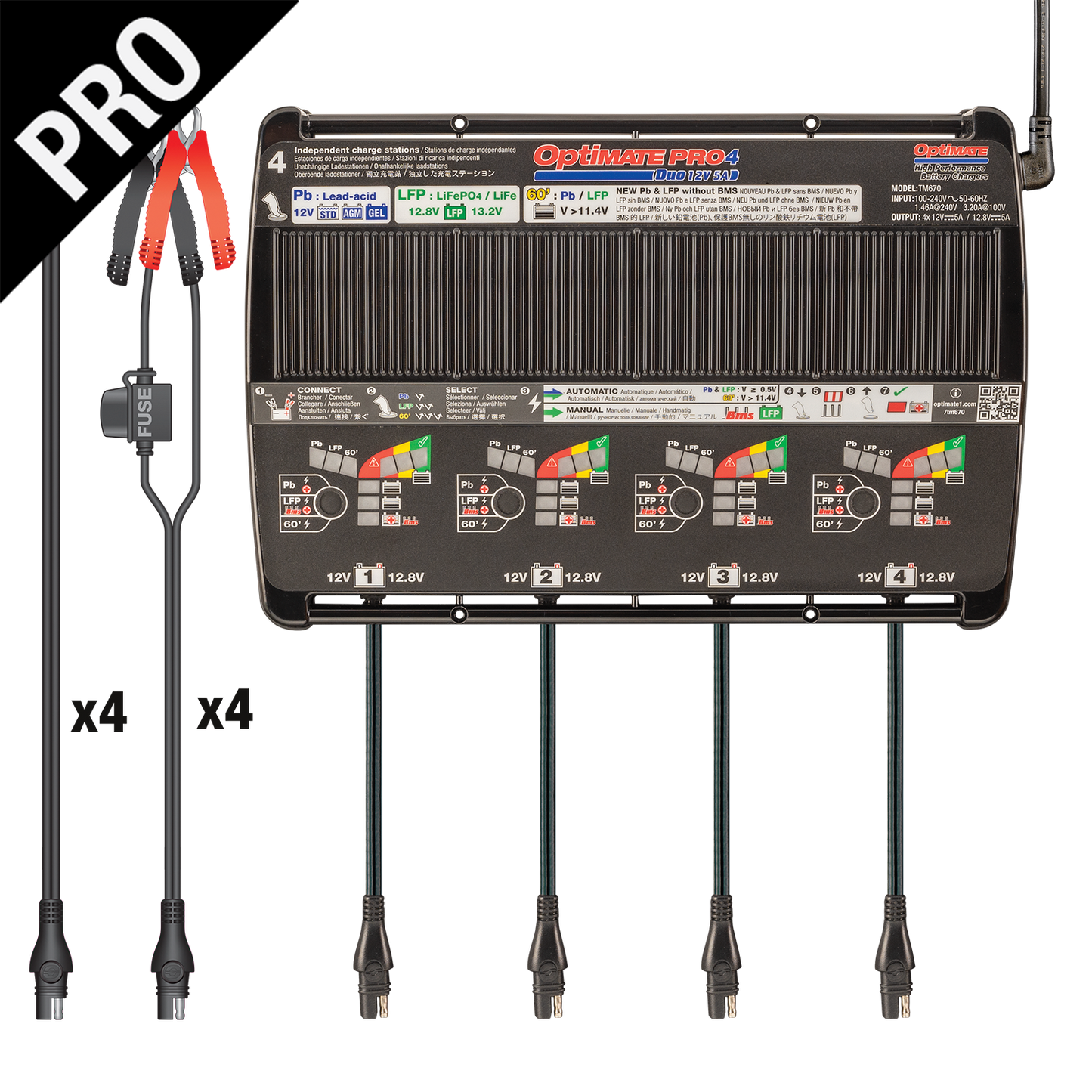 OptiMate PRO-4 DUO- 12V 5A automatic diagnostic battery charger for 4 x 12V Pb lead-acid (STD, AGM, GEL) and/or 12.8V LFP lithium - TecMate USA
