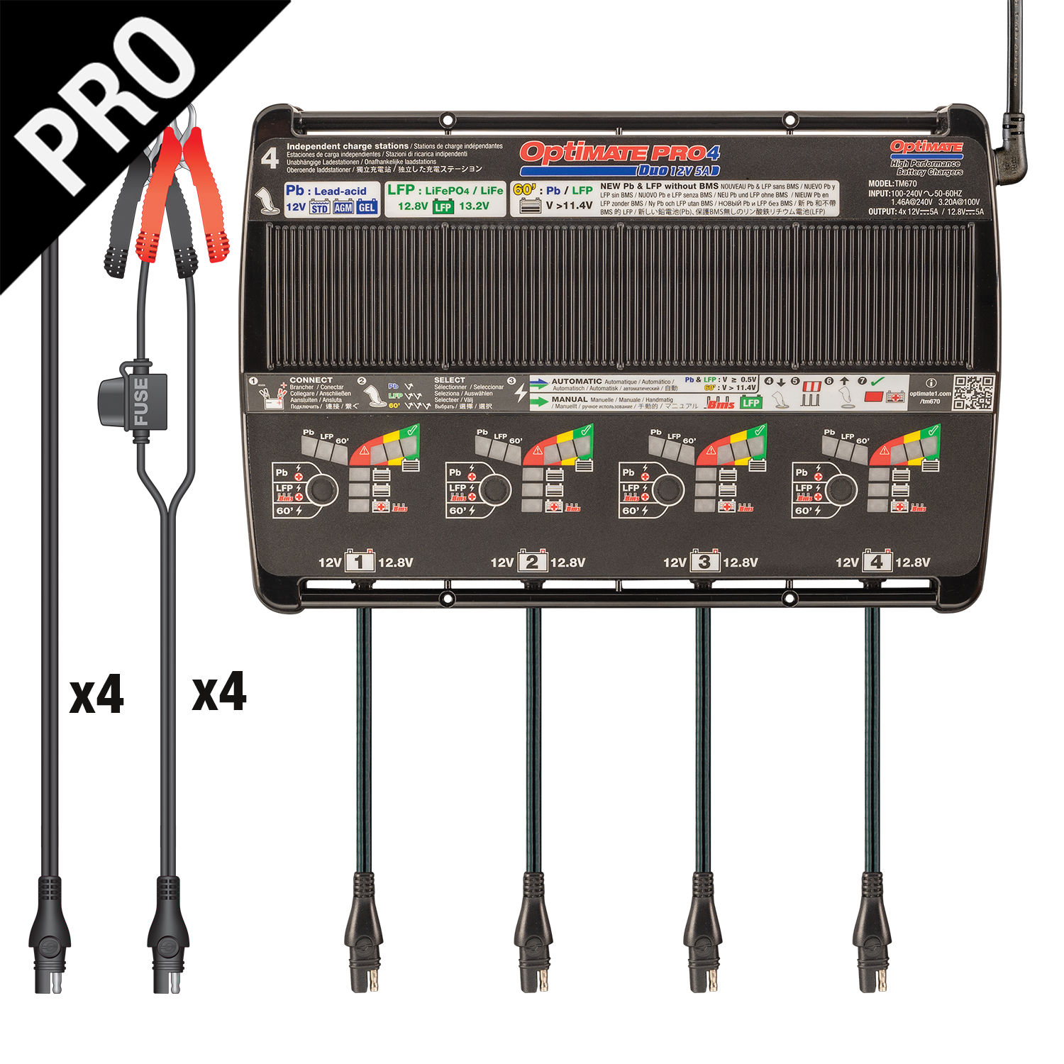 OptiMate PRO-4 DUO- 12V 5A automatic diagnostic battery charger for 4 x 12V Pb lead-acid (STD, AGM, GEL) and/or 12.8V LFP lithium - TecMate USA